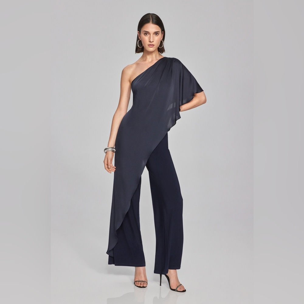 Joseph Ribkoff Elegant Navy One-shoulder Jumpsuit Style 241769 Size 12